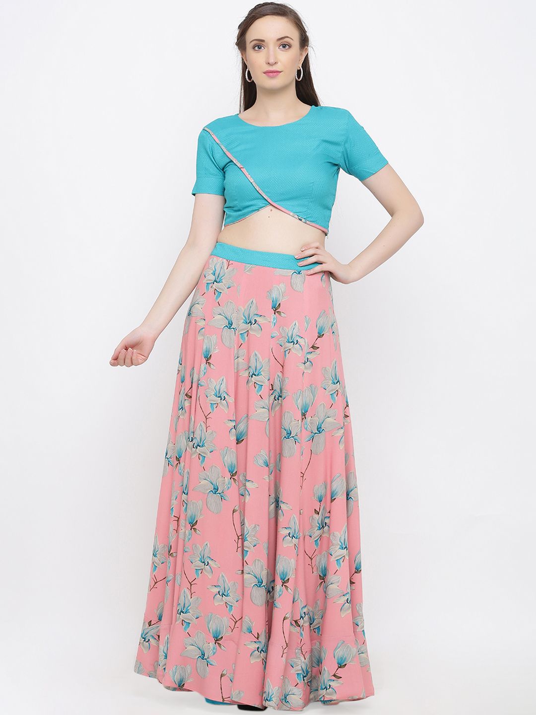 Indian Virasat Pink Turquoise Blue Ready to Wear Lehenga with Blouse Price in India
