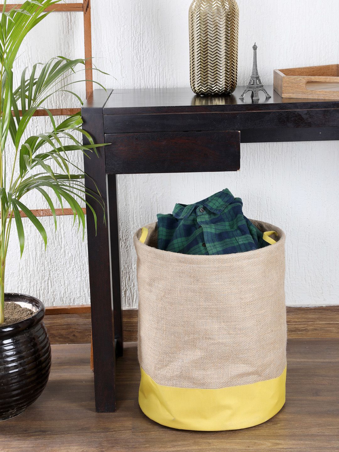 My Gift Booth Beige & Yellow Colourblocked Jute Laundry Bag Price in India