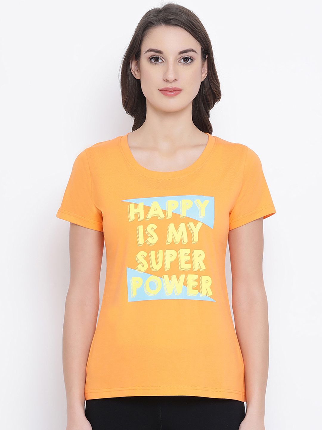 Clovia Women Orange & Yellow Printed Lounge T-shirt Price in India