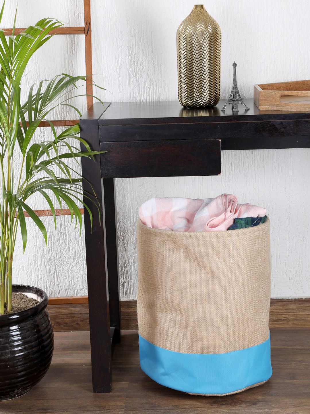 My Gift Booth Beige & Blue Colourblocked Jute Laundry Bag Price in India