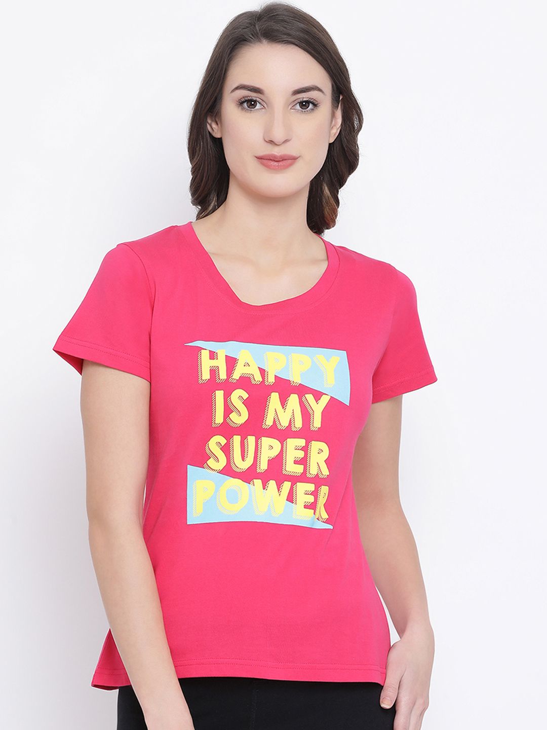 Clovia Women Pink & Yellow Printed Lounge T-shirt Price in India