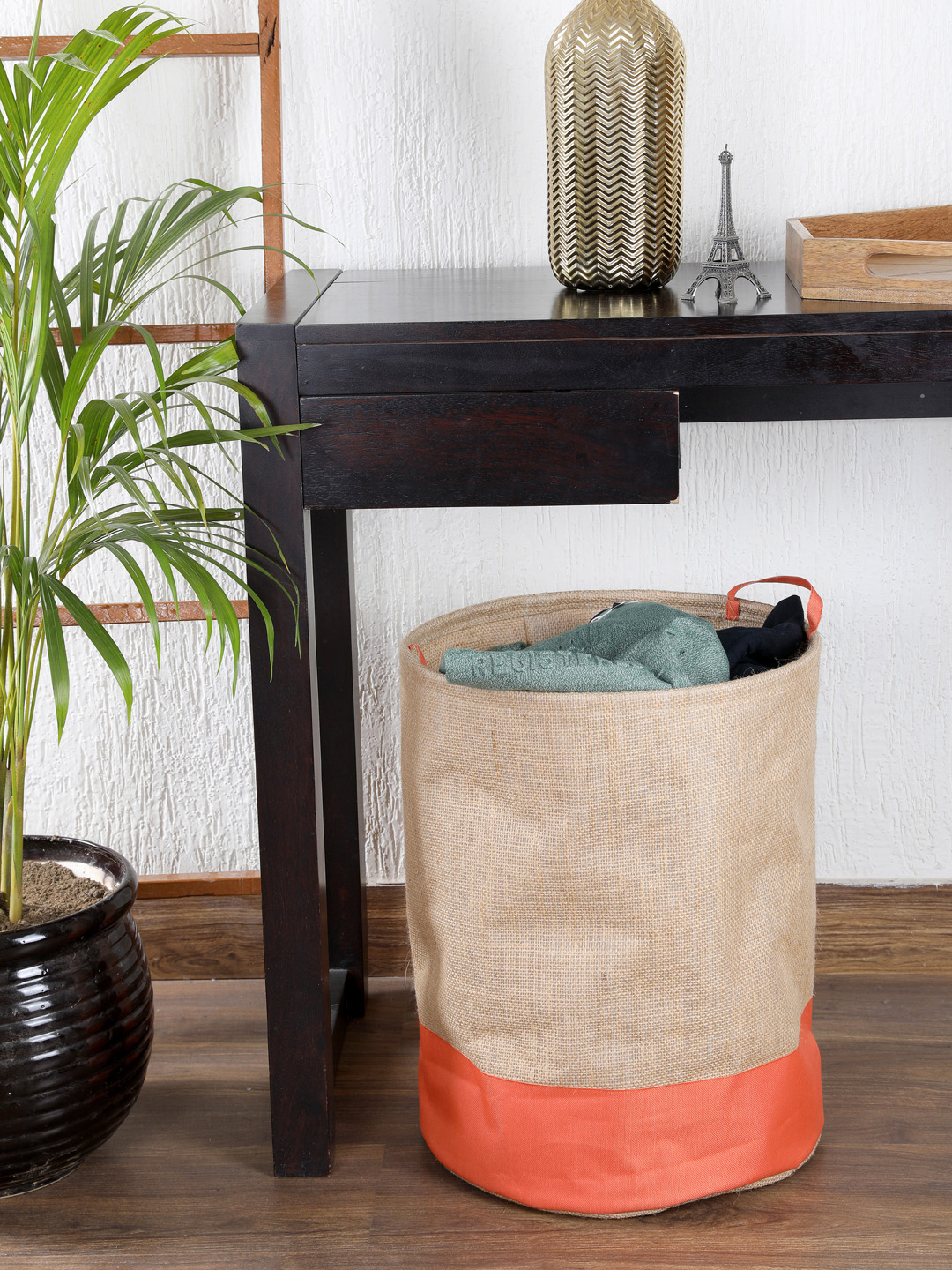 My Gift Booth Beige & Orange Colourblocked Jute Laundry Bag Price in India