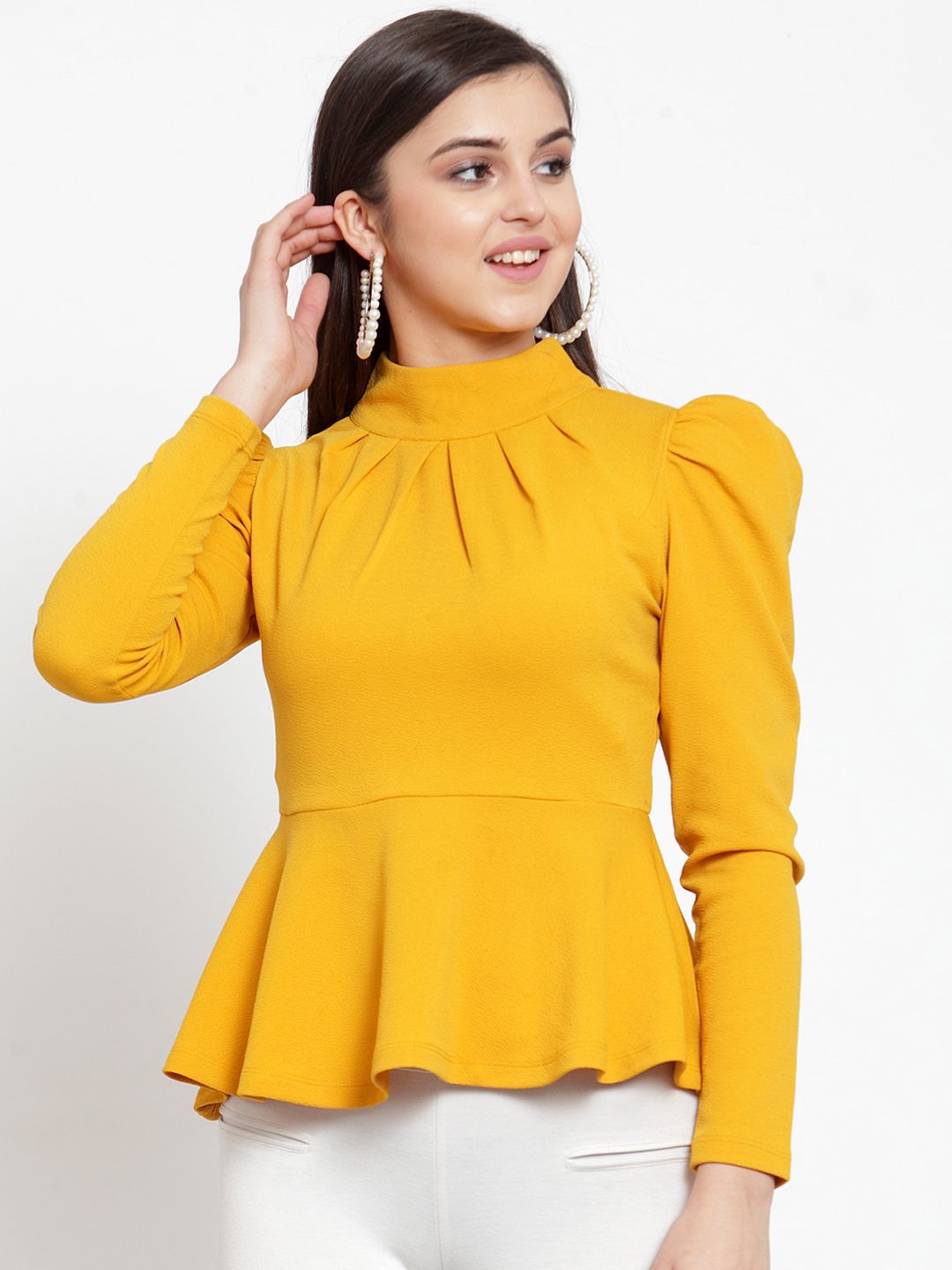 KASSUALLY Women Mustard Yellow Solid Peplum Top