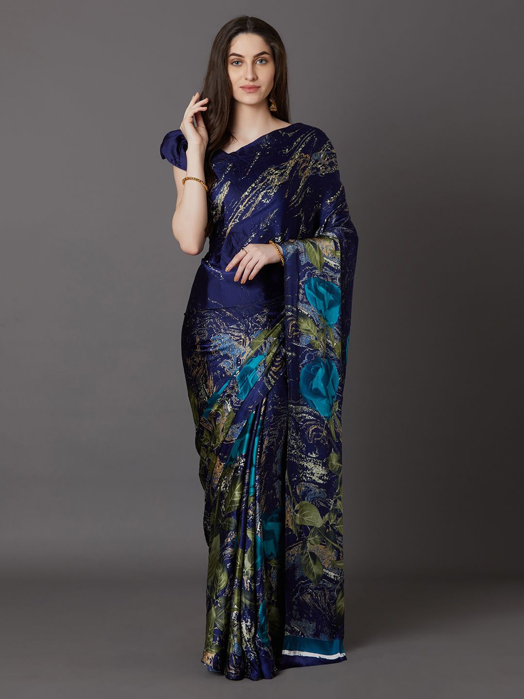 Mitera Blue & Green Poly Crepe Printed Saree Price in India