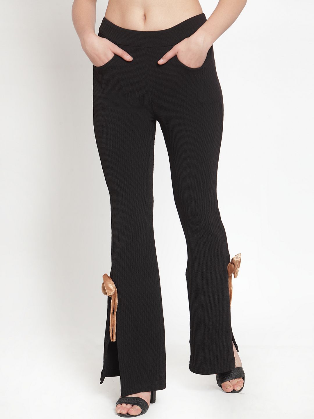 KASSUALLY Women Black Loose Fit Solid Bootcut Trousers Price in India