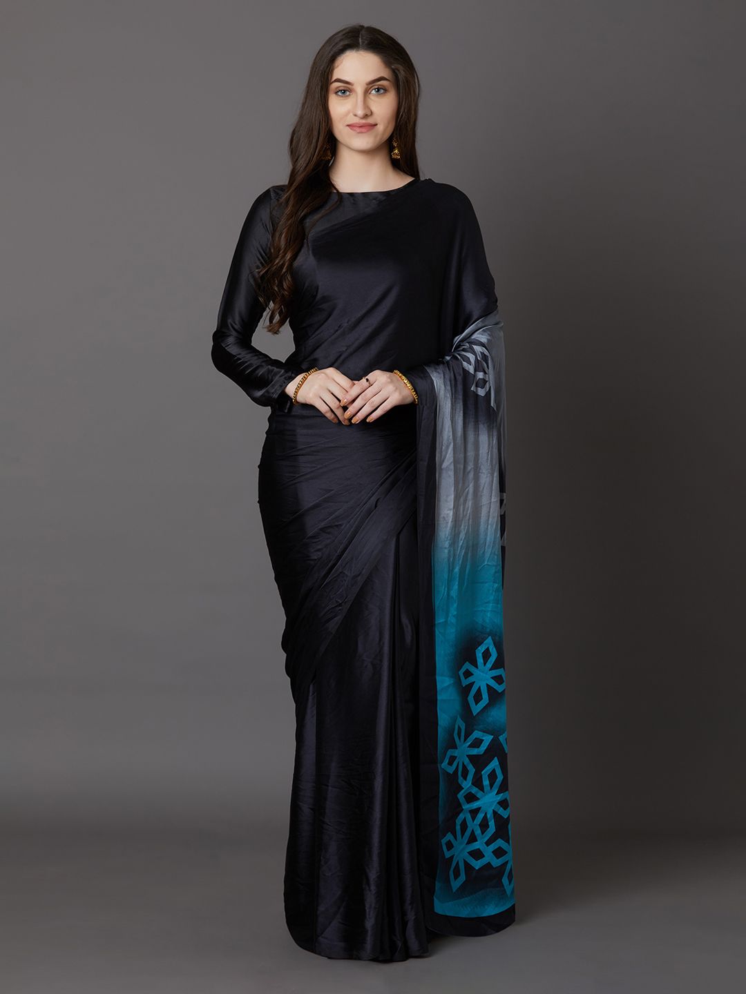 Mitera Black & Blue Poly Crepe Printed Saree Price in India