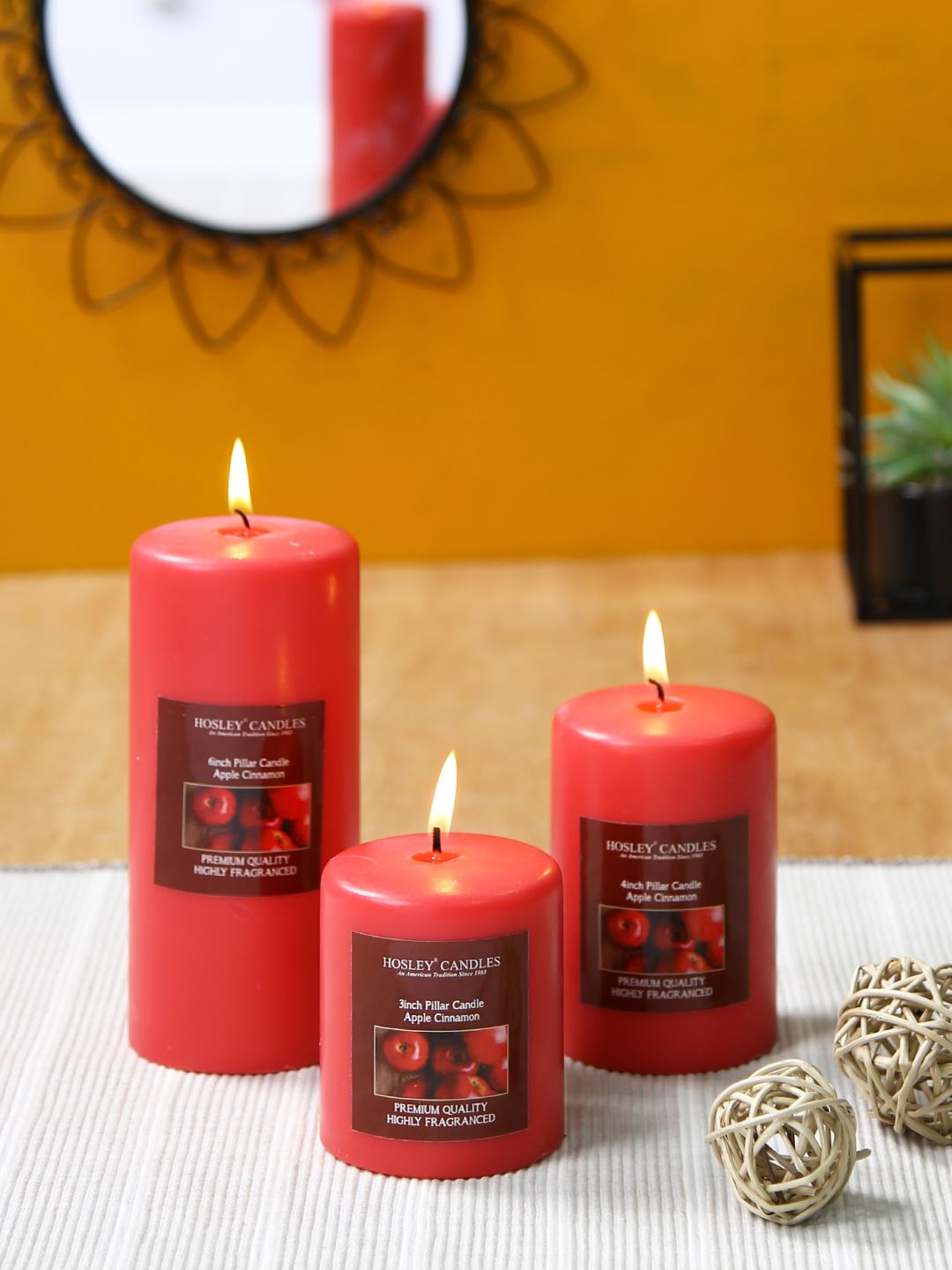 HOSLEY Set of 3 Red Decorative Apple Cinnamon Highly Fragranced Pillar Candles Price in India