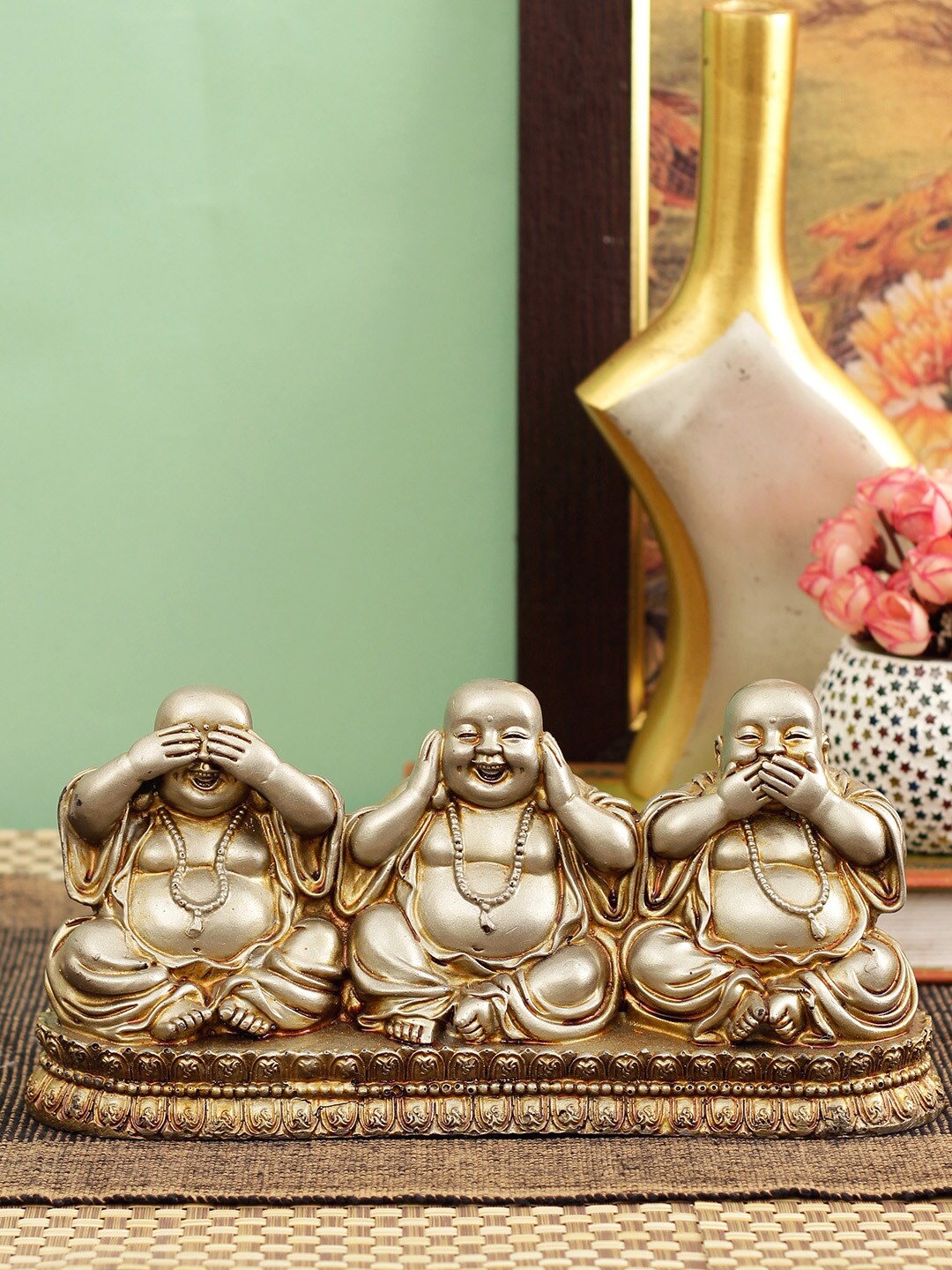 TIED RIBBONS Set of 3 Gold-Toned Laughing Buddha Figurines Price in India
