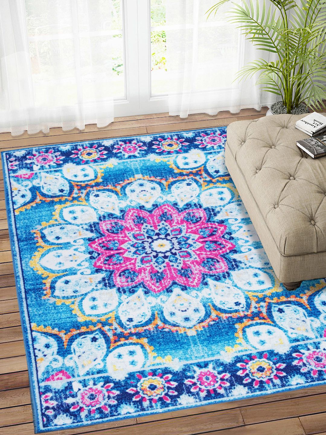 Status Blue & White Printed Vintage Persian Anti-Skid Carpet Price in India