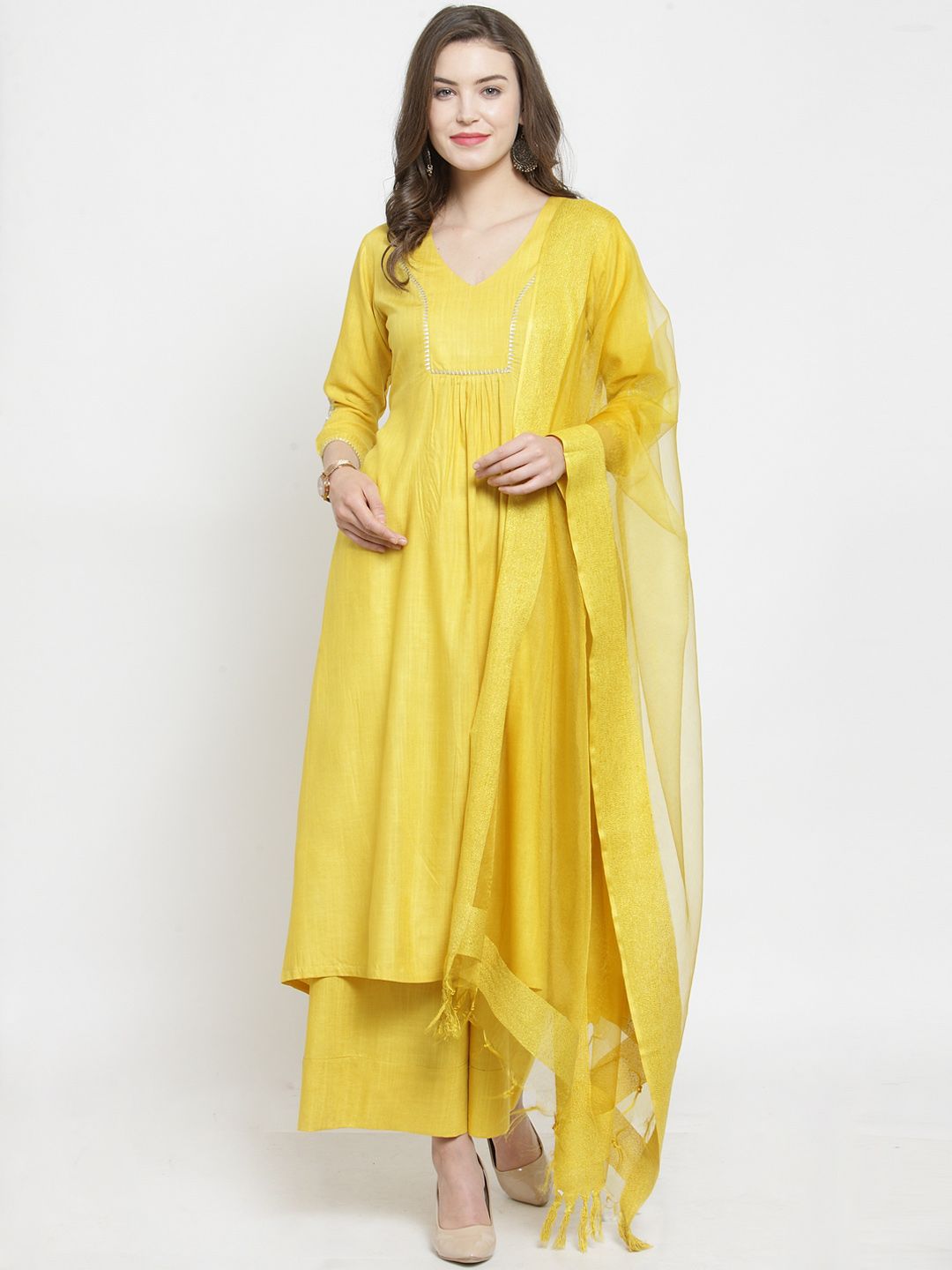 Varanga Women Yellow Solid Bhagalpuri Silk Kurta with Palazzos & Dupatta Price in India