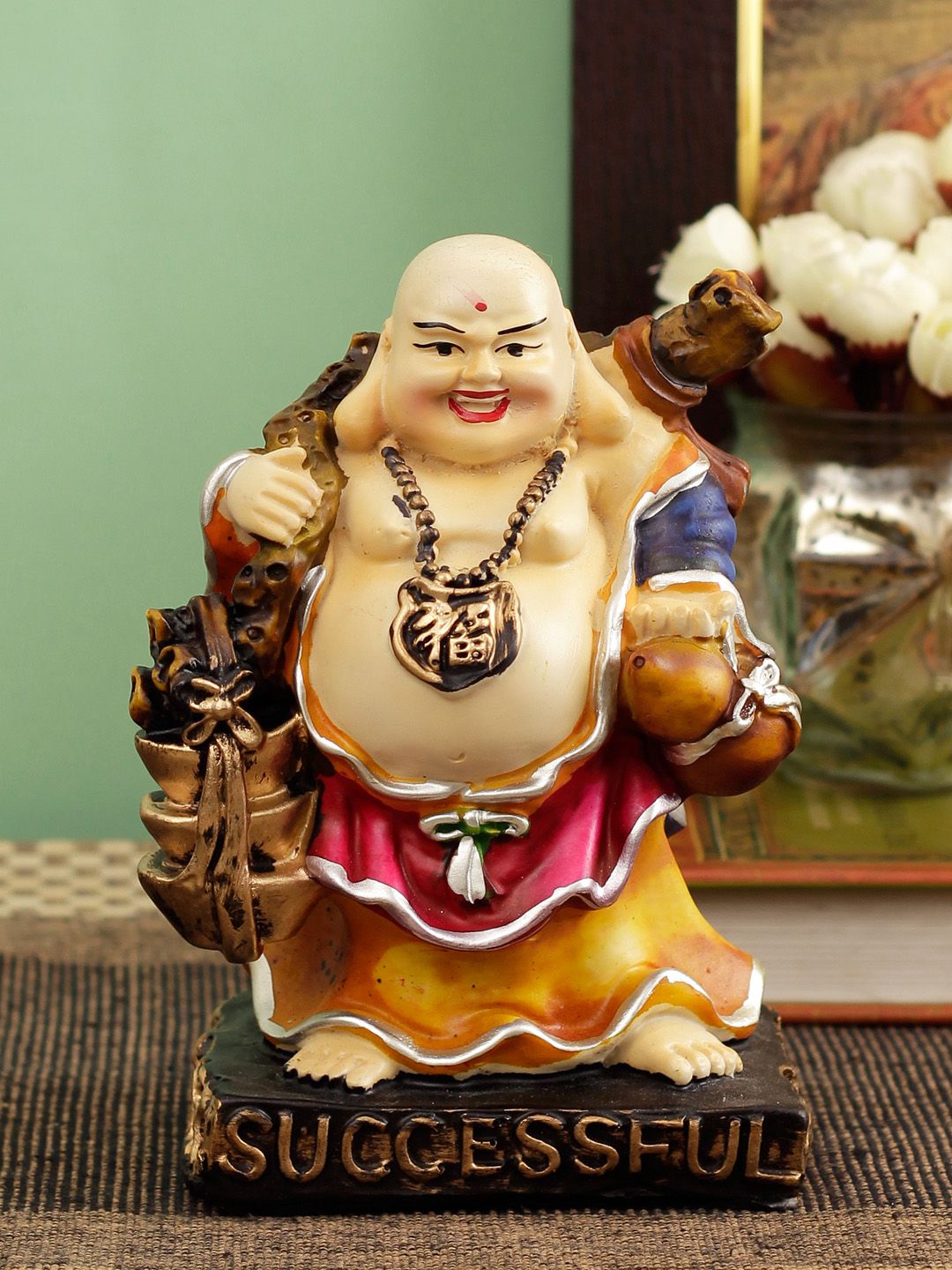 TIED RIBBONS Cream-Coloured & Gold-Toned Laughing Buddha Showpiece Price in India