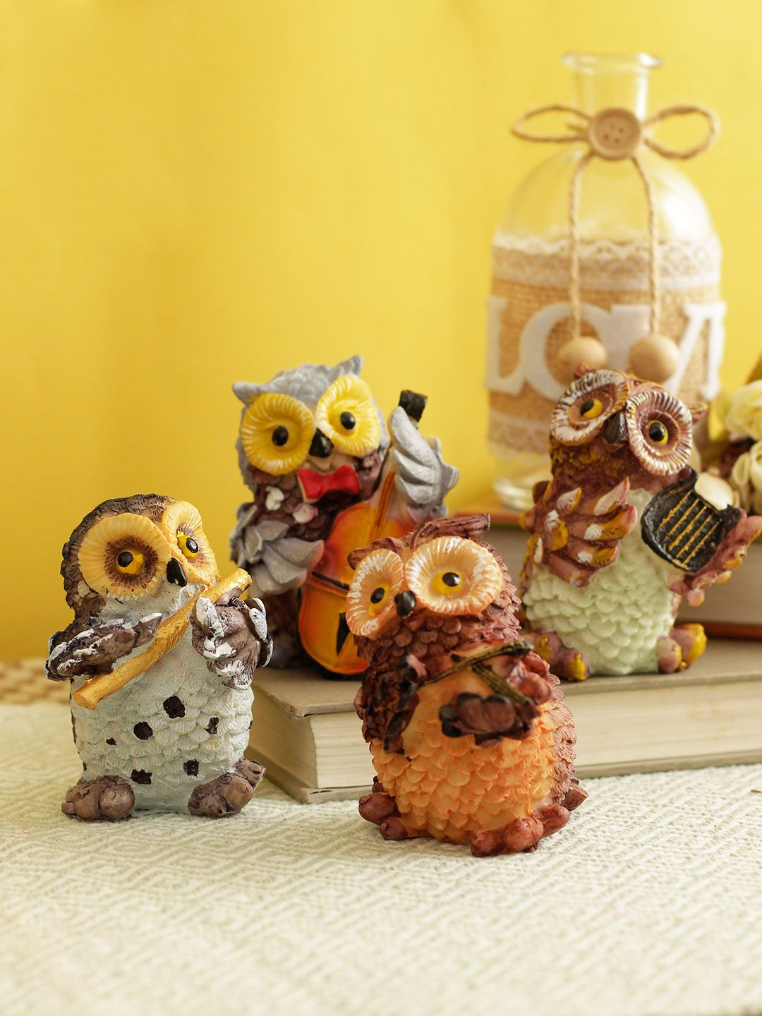 TIED RIBBONS Set of 4 Brown & Yellow Owls Playing Musical Instruments Showpieces Price in India