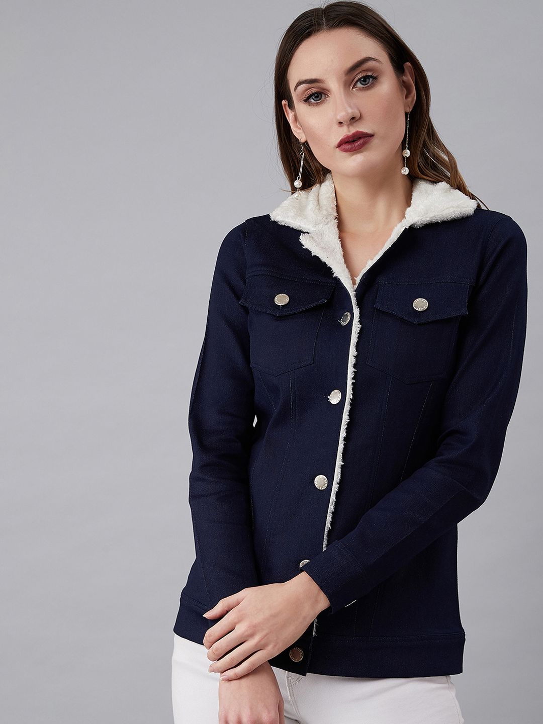 Athena Women Navy Blue Solid Denim Jacket Price in India