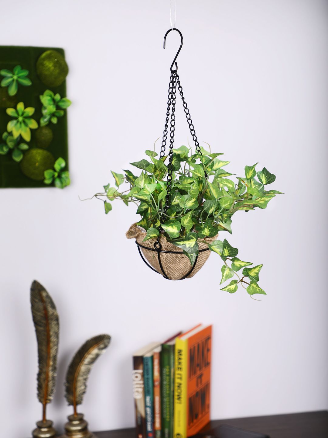 PolliNation Green  Yellow Hanging Artificial Ivy Creeper With Metal Pot Price in India