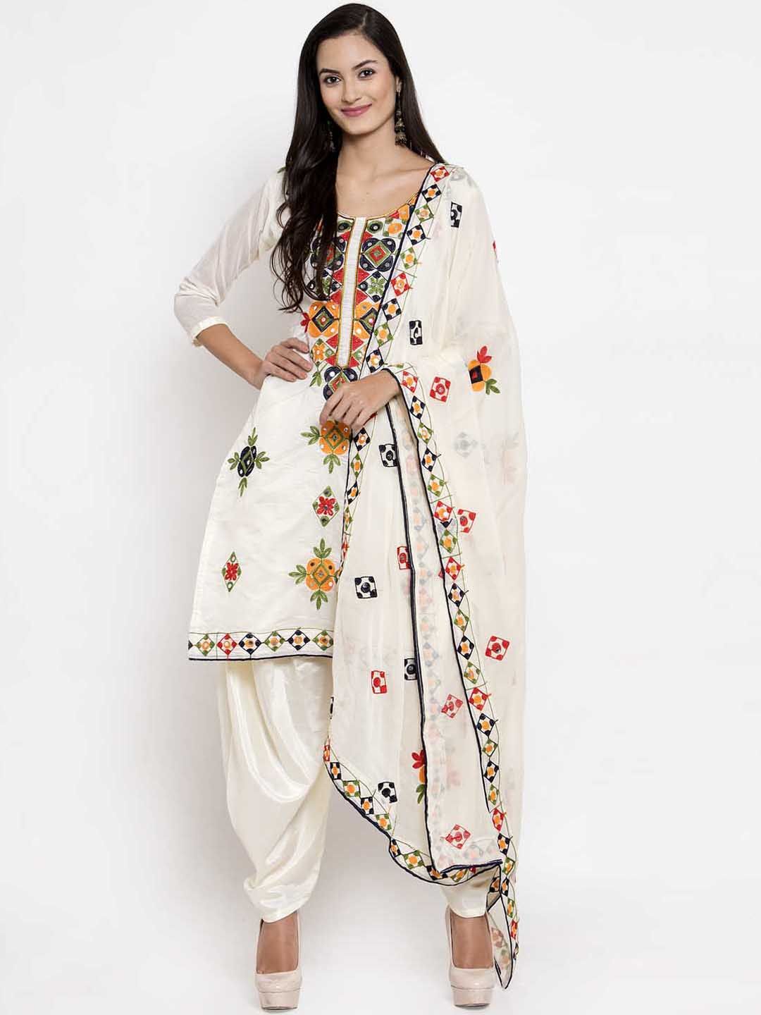 mf White & Black Chanderi Silk Unstitched Dress Material Price in India