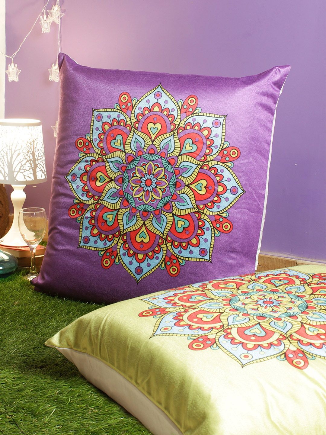 ROMEE Purple & Green Set of 2 Ethnic Motifs Square Cushion Covers With Velvet Finish Price in India