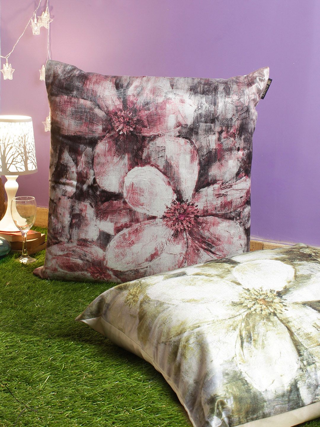 ROMEE Green & Pink Set of 2 Floral Square Cushion Covers Price in India