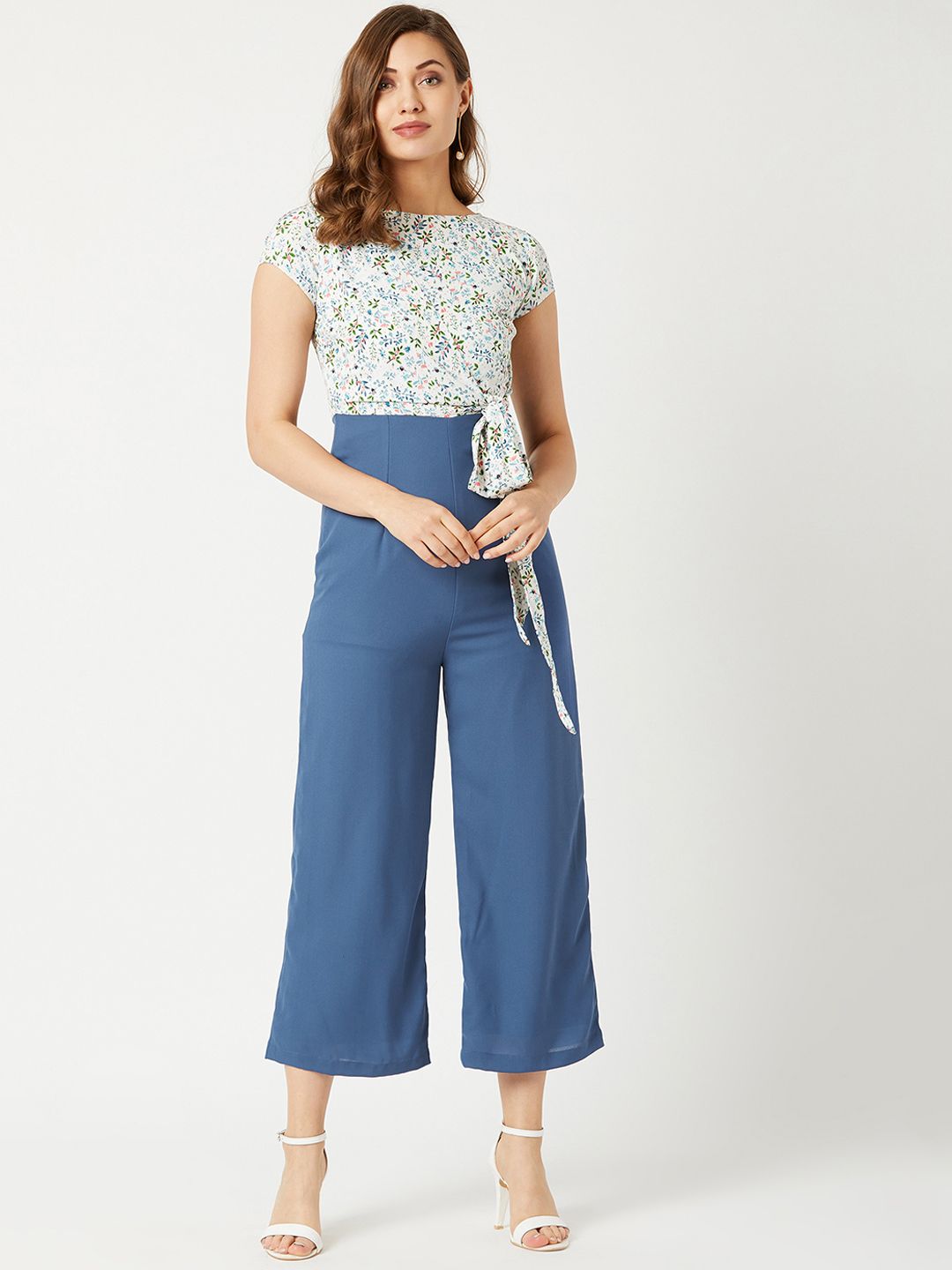 Miss Chase Women White & Blue Printed Basic Jumpsuit Price in India
