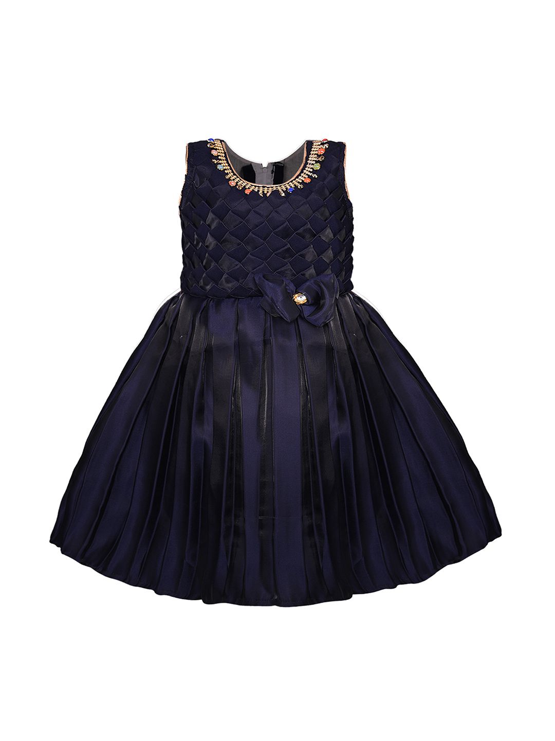 Wish Karo Girls Navy Blue Solid Fit and Flare Dress