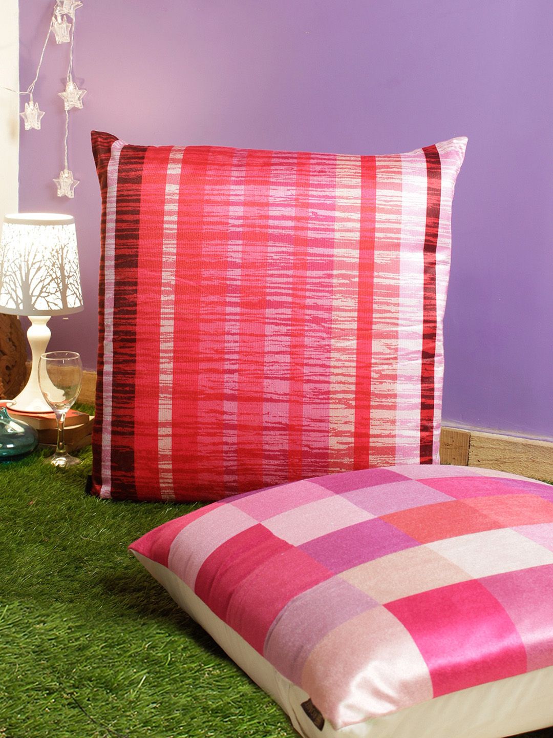 ROMEE Pink & Off-White Set of 2 Checked Square Cushion Covers Price in India