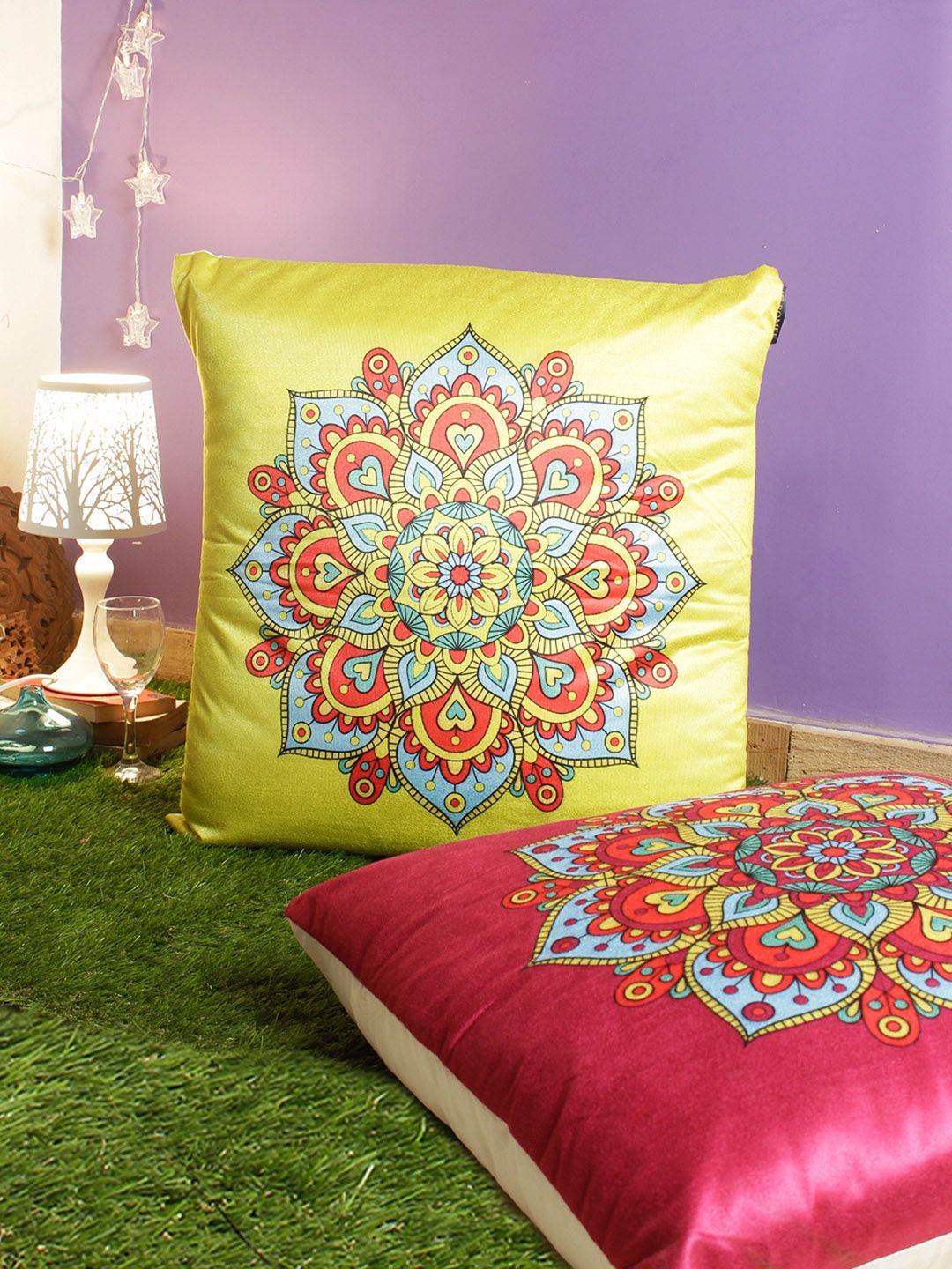 ROMEE Pink & Yellow Set of 2 Ethnic Motifs Square Cushion Covers With Velvet Finish Price in India