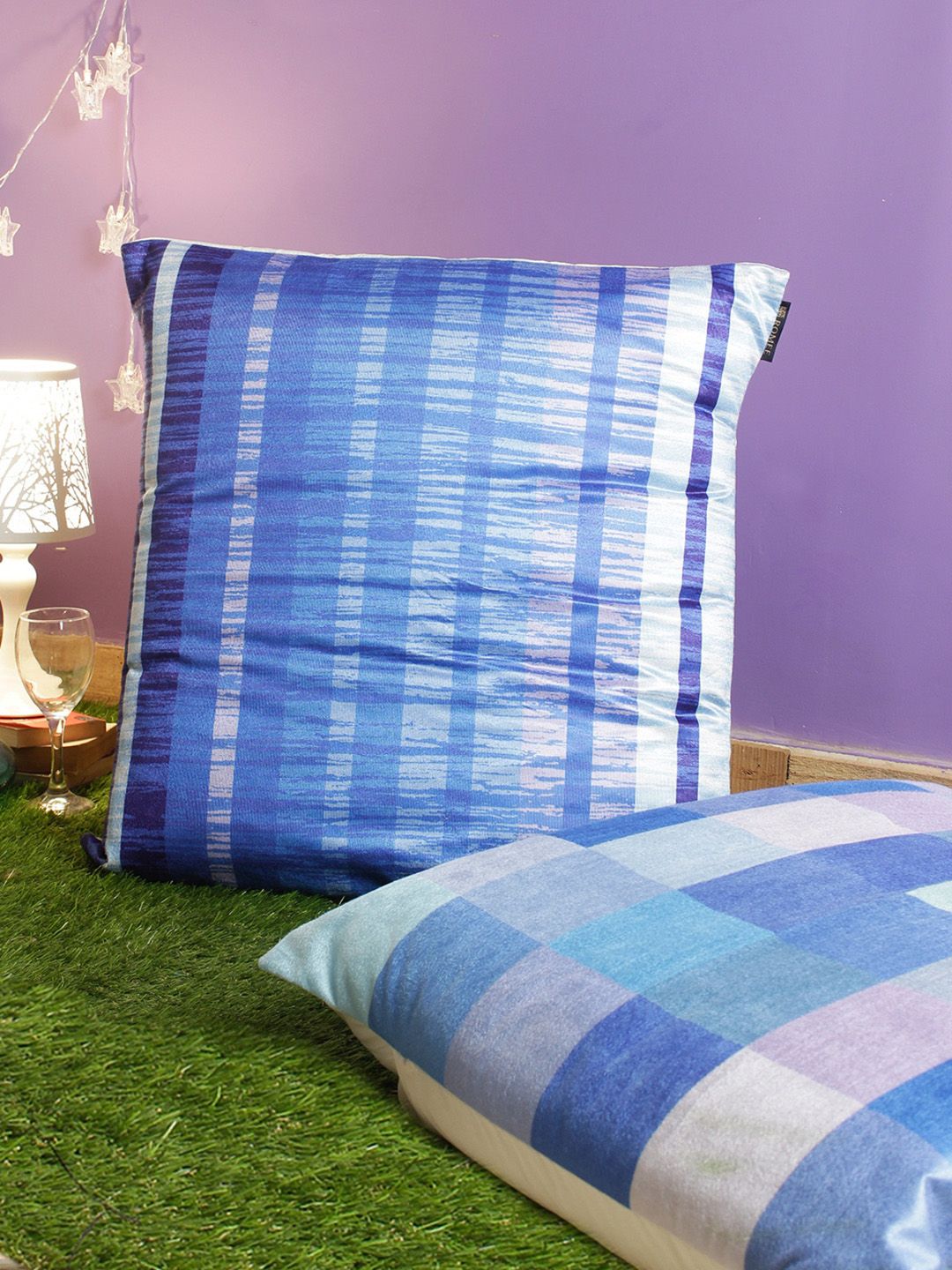 ROMEE Blue & White Set of 2 Checked Square Cushion Covers Price in India