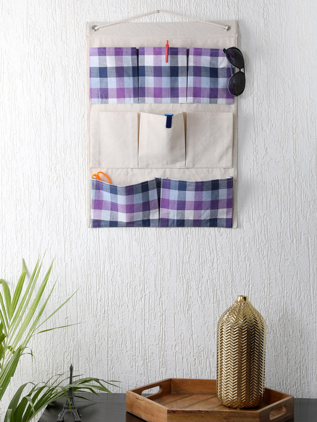 My Gift Booth Lavender & Grey Checked Multi-Utility Wall Hanging Organiser Price in India