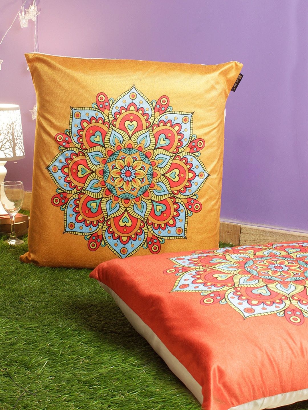 ROMEE Red & Orange Set of 2 Ethnic Motifs Square Cushion Covers With Velvet Finish Price in India