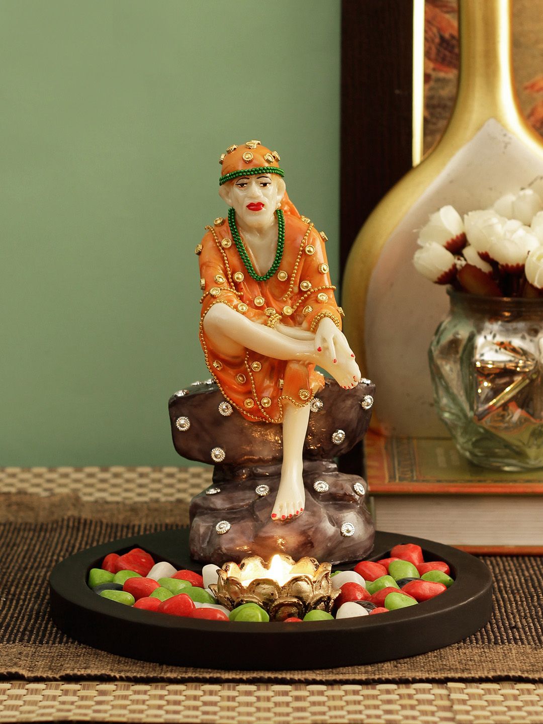 TIED RIBBONS Orange & Off-White Lord Sai Baba idol Statue Showpiece Price in India