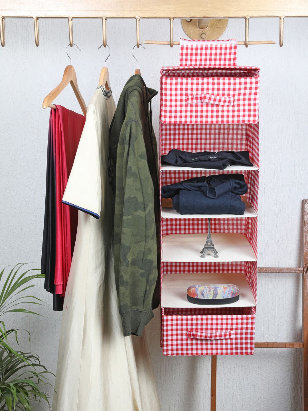 My Gift Booth Red &White Checked Foldable Canvas Wardrobe Organiser Price in India