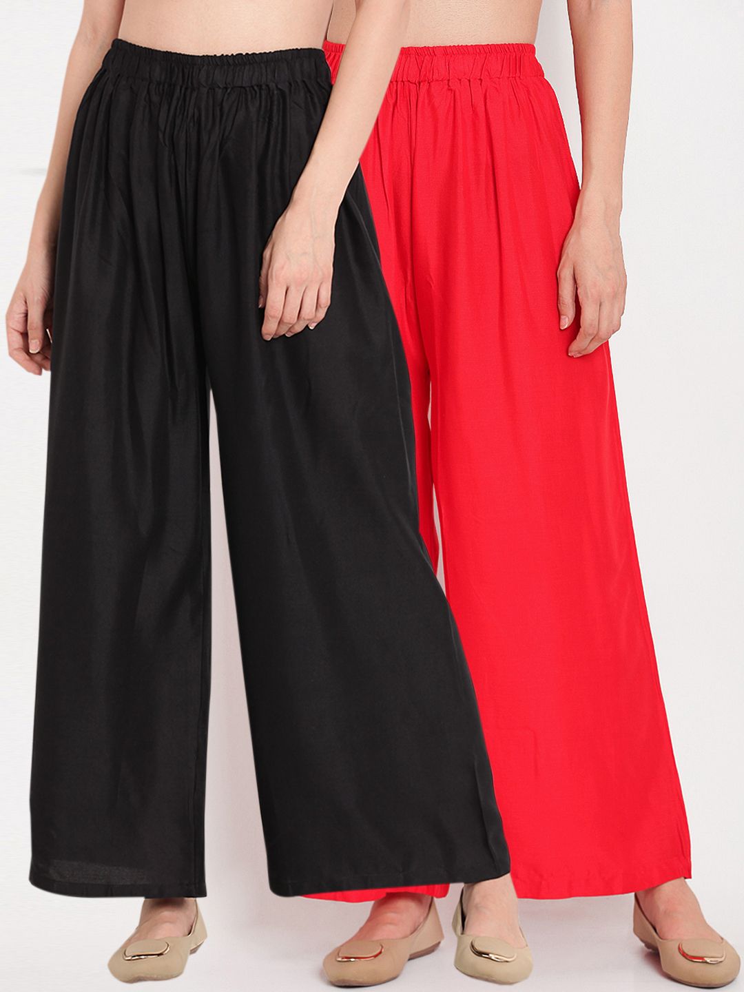 TAG 7 Women Pack of 2 Black & Red Solid Flared Palazzos Price in India