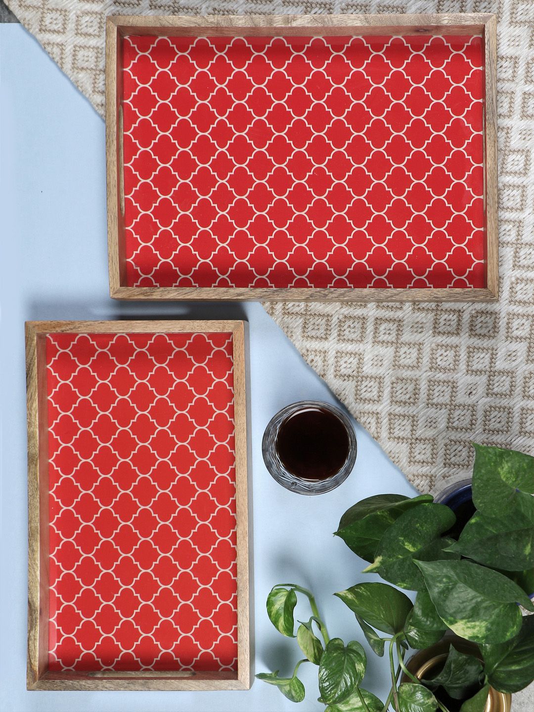 VarEesha Set of 2 Beige & Red Moroccan Print Mango Wood Square Serving Trays Price in India