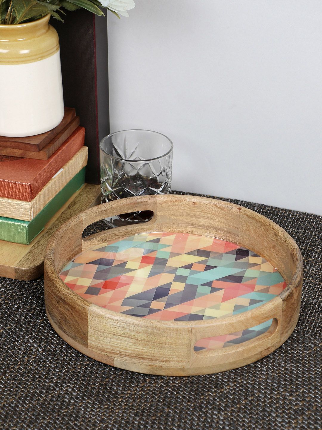 VarEesha Beige & Blue Mosaic Printed Mango Wood Circular Serving Tray Price in India