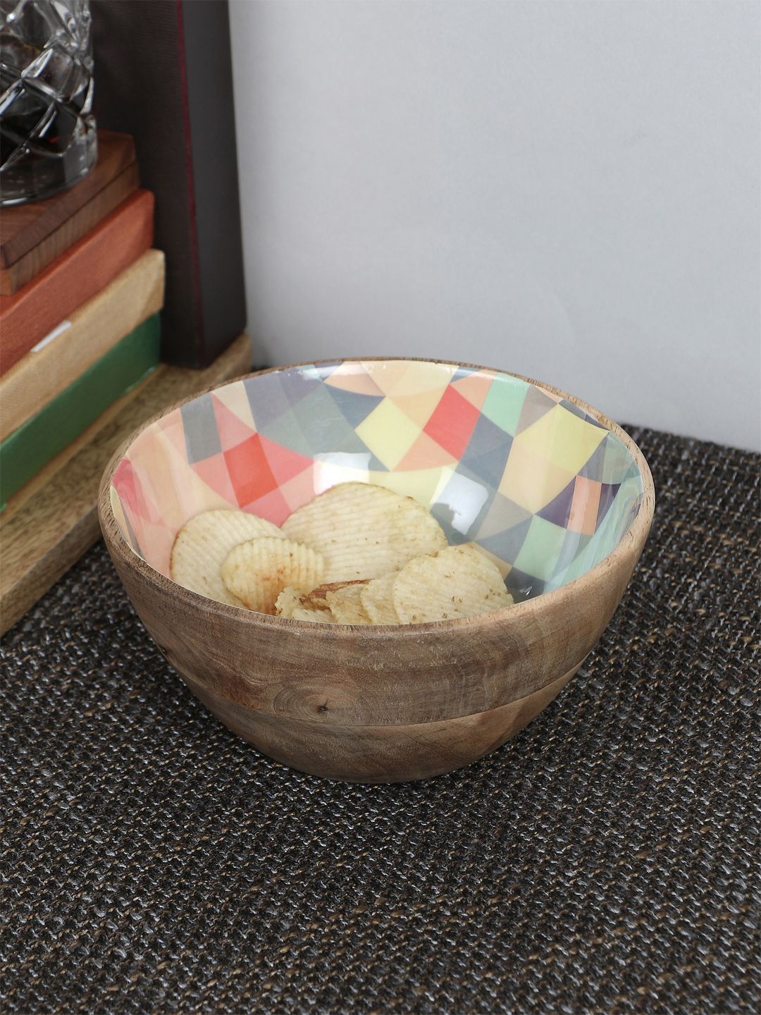 VarEesha Multicoloured Hand-Painted Mango Wood Large Serving Bowl Price in India