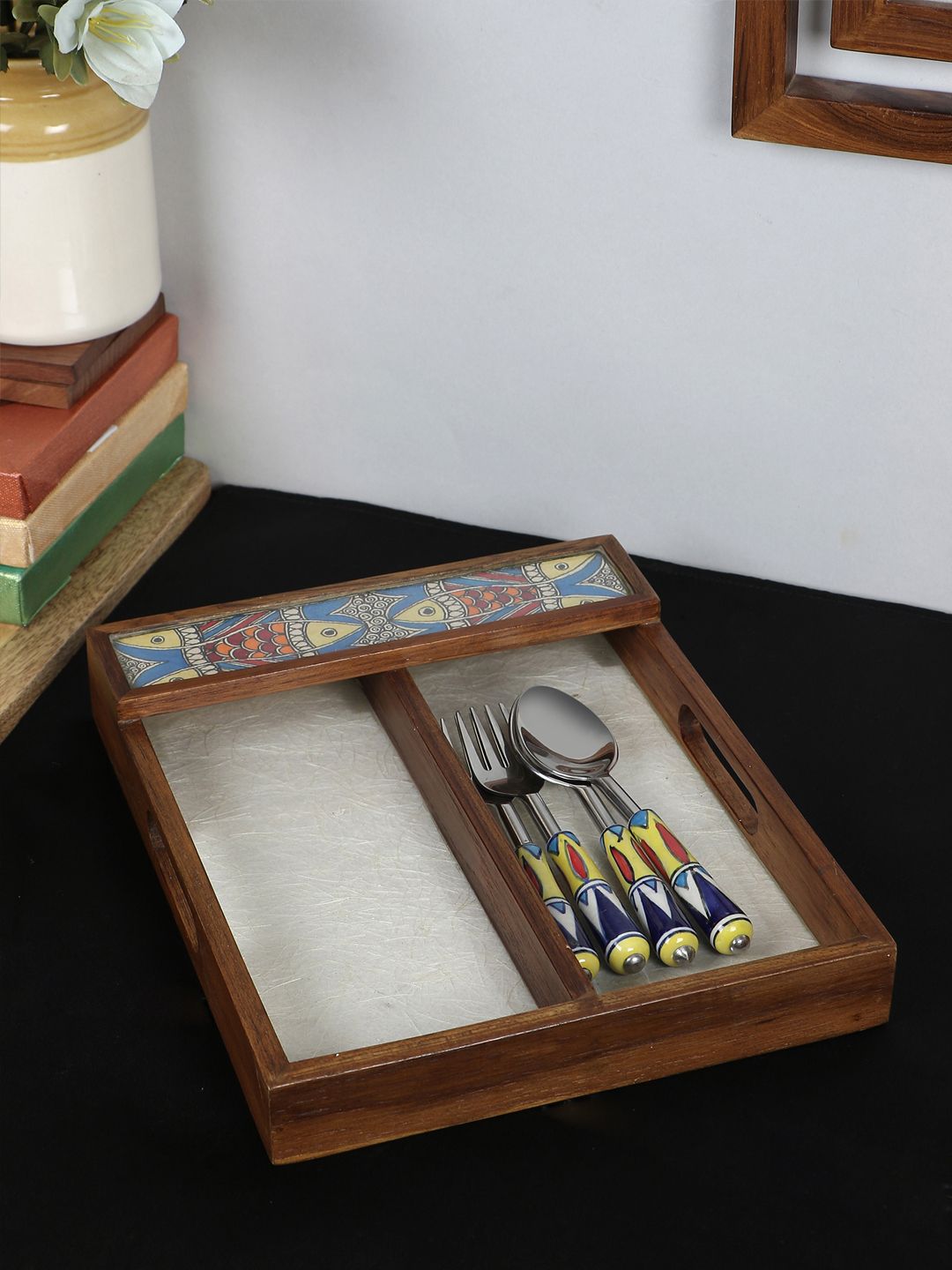 VarEesha Brown Hand Painted Madhubani Teak Wood Spoon Holder Price in India