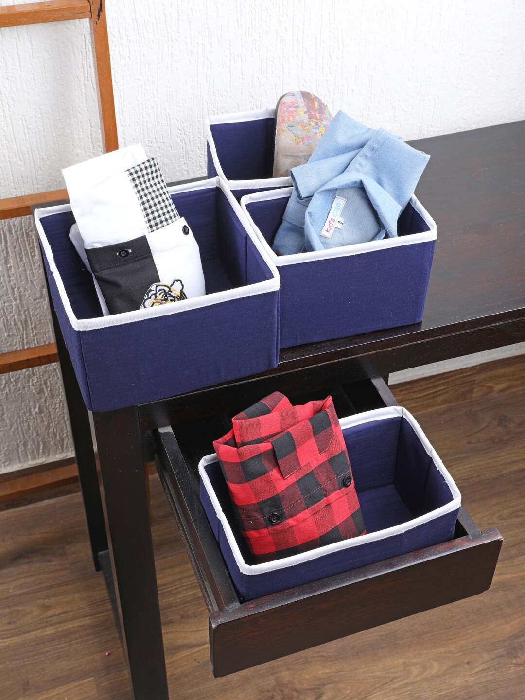 My Gift Booth Navy Blue & Off-White Solid Canvas Drawer Organiser Price in India