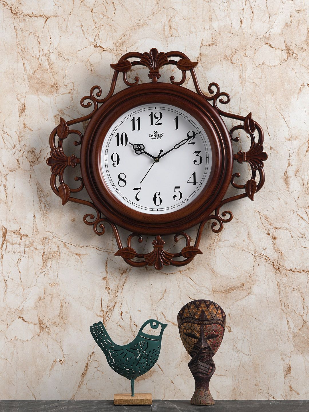 ZANIBO Brown & White Floral Textured 44 x 44 CM Analogue Wall Clock Price in India