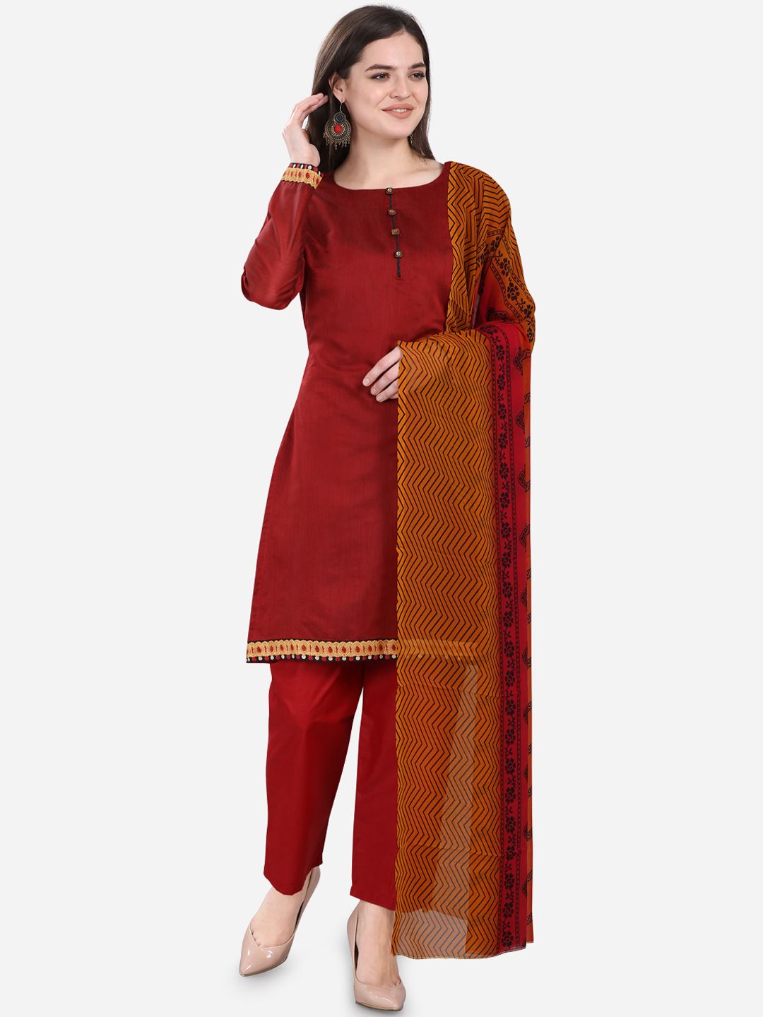 mf Maroon Silk Blend Unstitched Dress Material Price in India