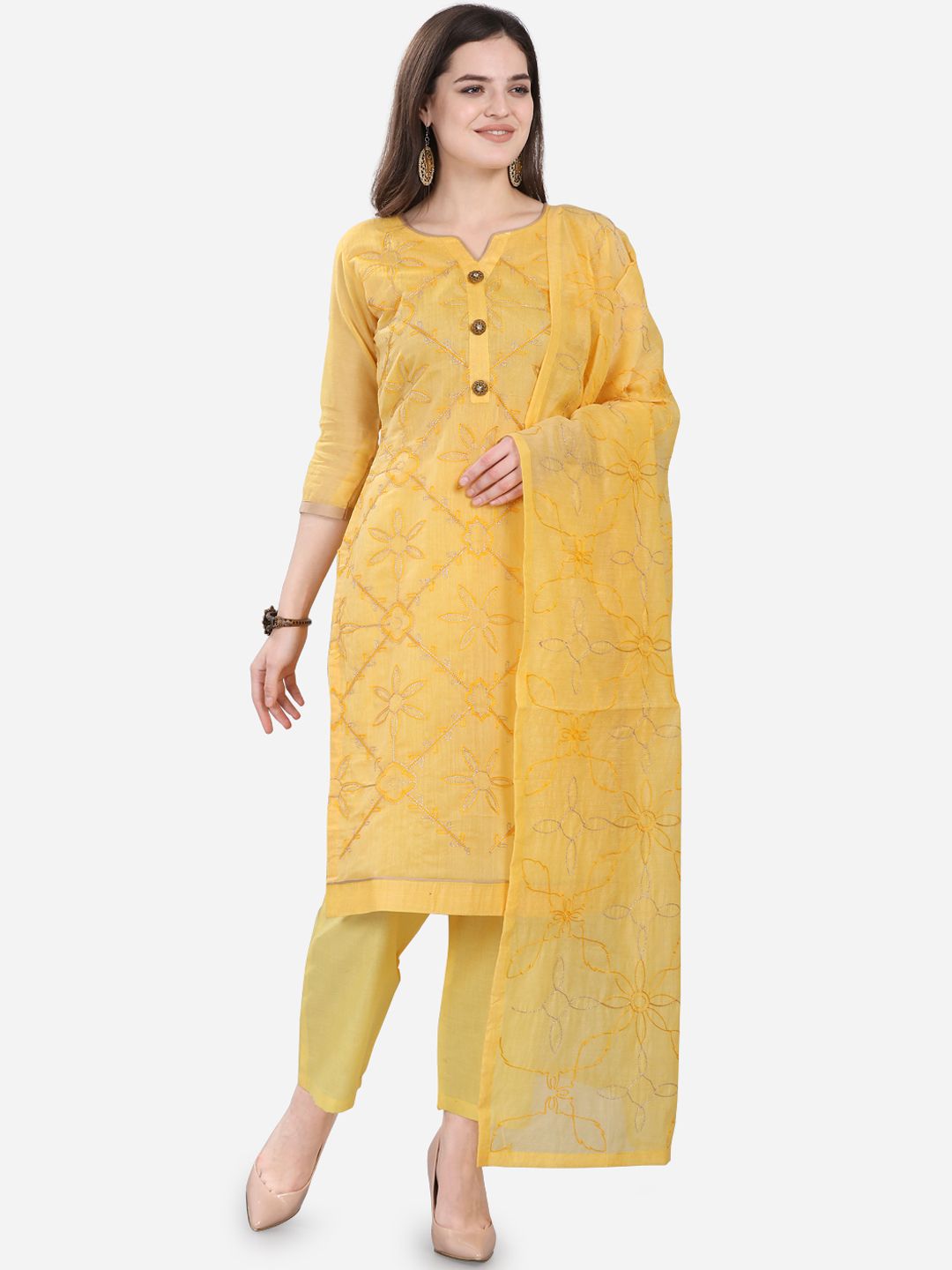 mf Yellow Silk Blend Unstitched Dress Material Price in India