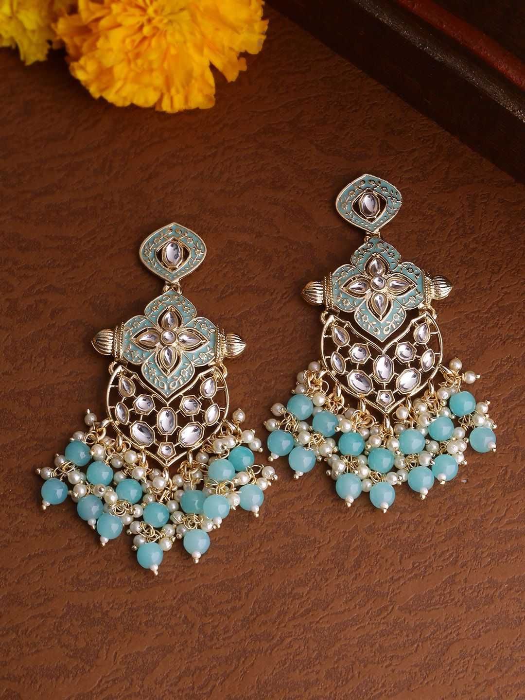 Shoshaa Gold-Plated & Turquoise Blue Handcrafted Classic Drop Earrings Price in India