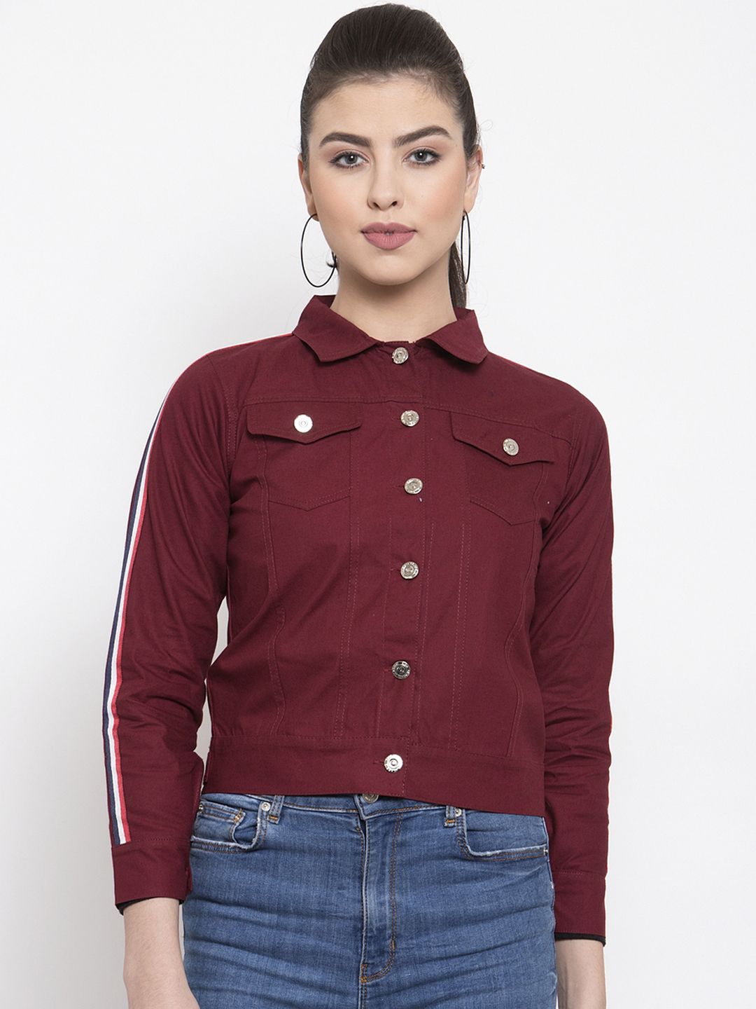 VOXATI Women Maroon Solid Denim Jacket Price in India