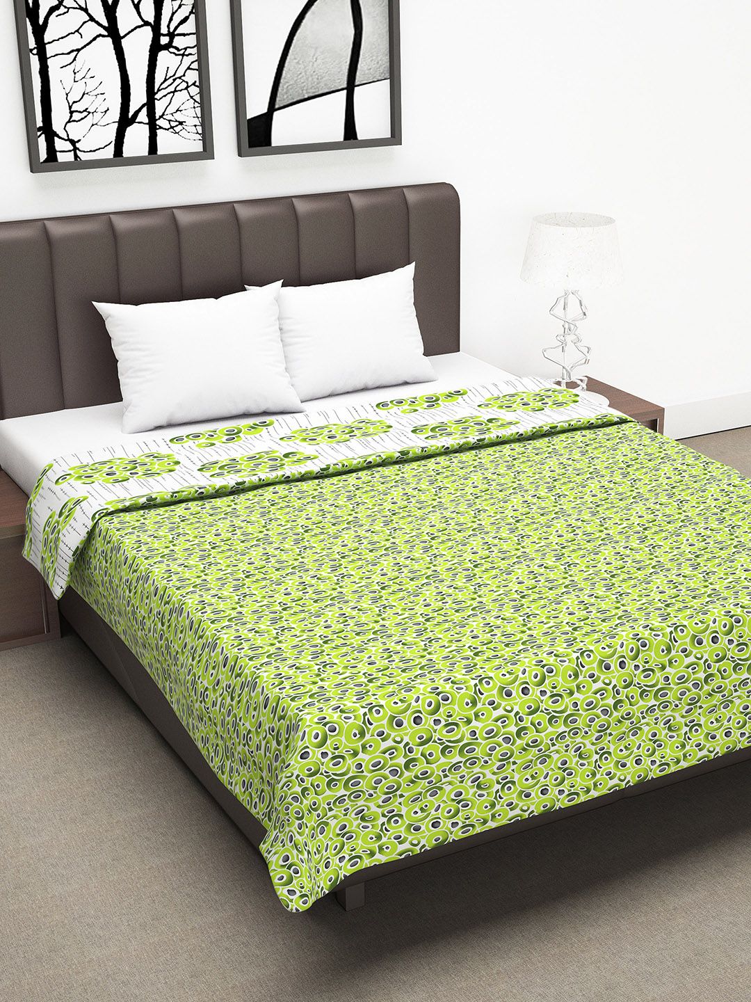 Divine Casa Green & White Abstract AC Room 110 GSM Reversible Double Bed Dohar Price in India