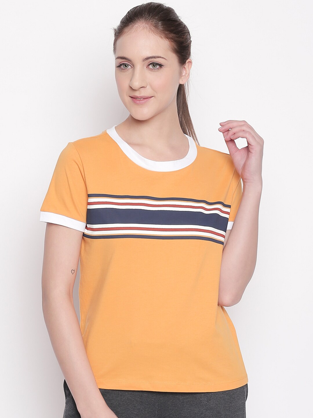 Ajile by Pantaloons Women Mustard Yellow Solid Round Neck Pure Cotton T-shirt Price in India