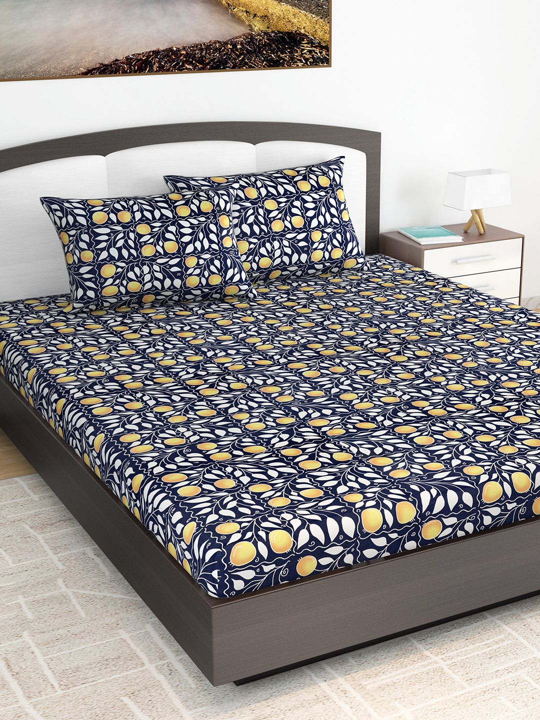 Divine Casa Navy Blue & White Floral 144 TC Cotton 1 King Bedsheet with 2 Pillow Covers Price in India
