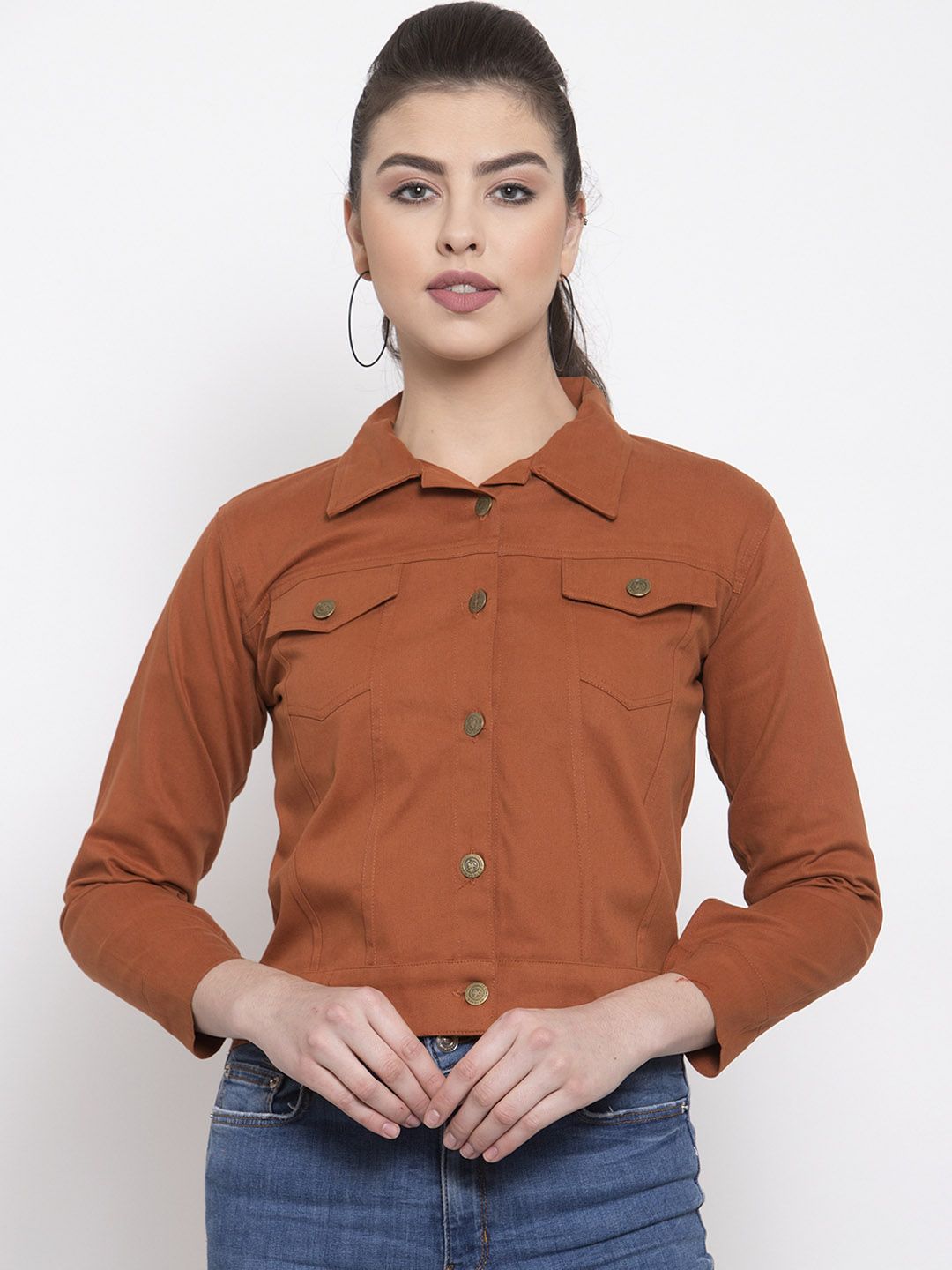 VOXATI Women Rust Brown Solid Denim Jacket
