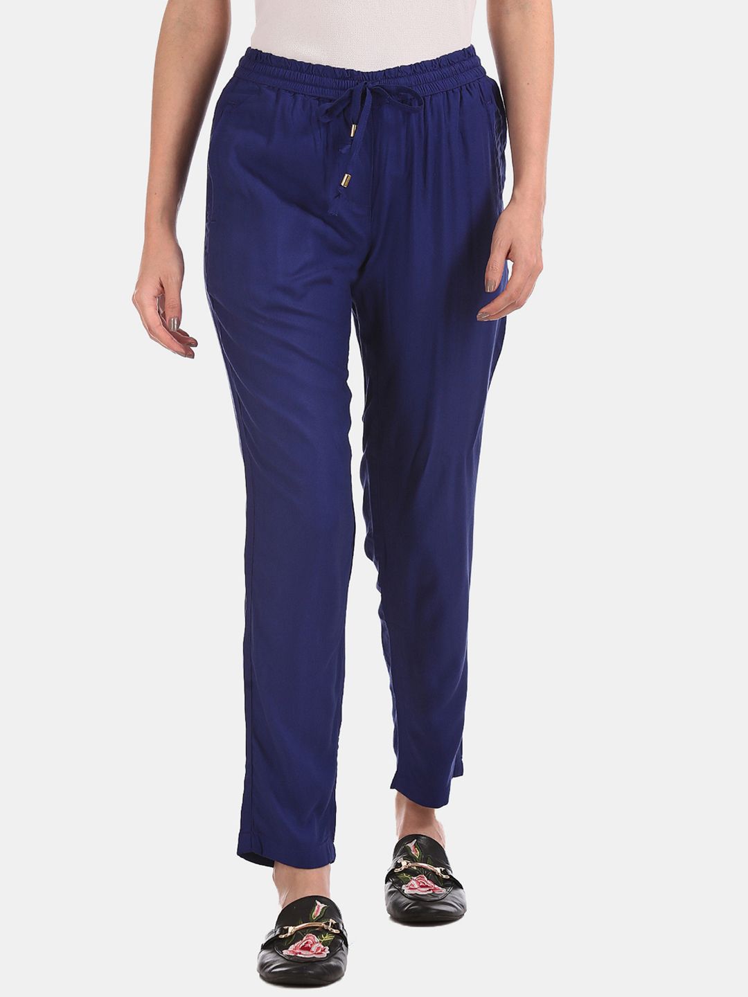 Cherokee Women Navy Blue Solid Regular Fit Cigarette Trousers Price in India