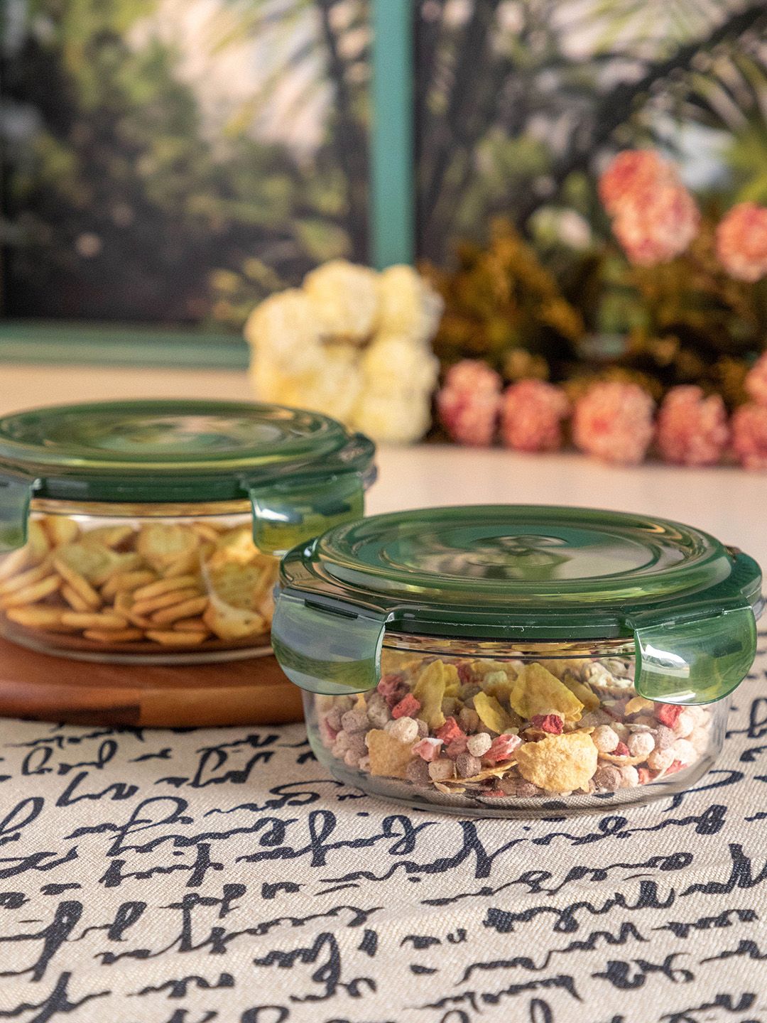 GOODHOMES Set of 2 Transparent & Green Glass Food Containers Price in India