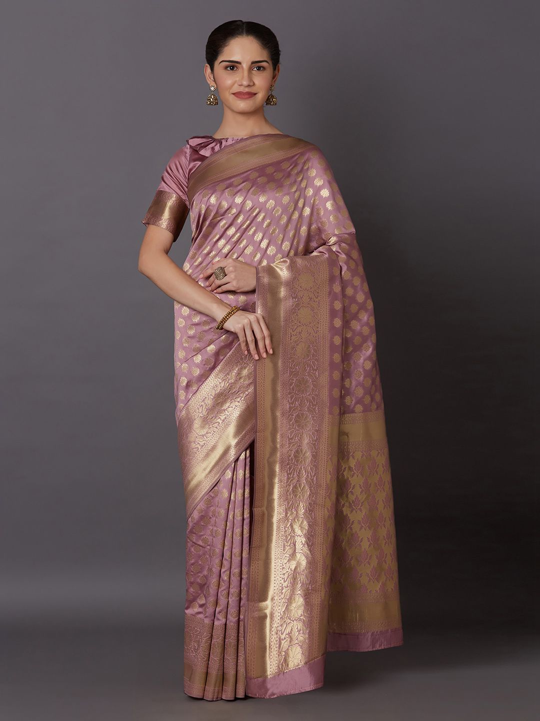 Mitera Purple & Gold-Toned Silk Blend Woven Design Kanjeevaram Saree Price in India