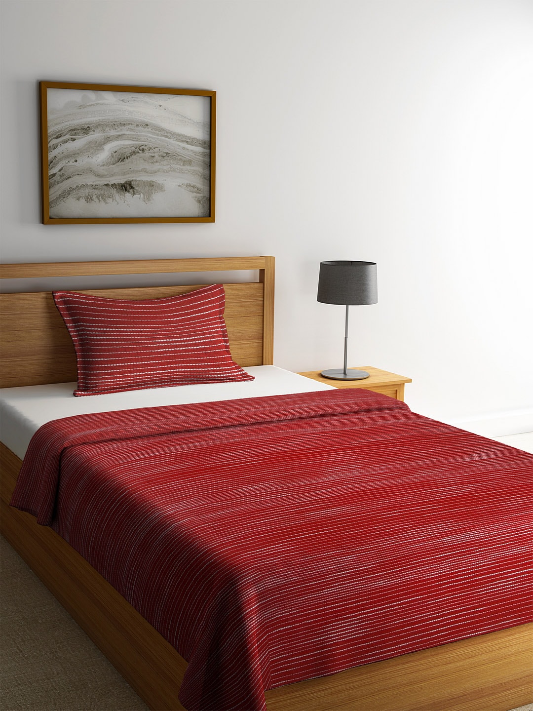KLOTTHE Red & White Woven Design Single Bed Cover With 1 Pillow Cover Price in India