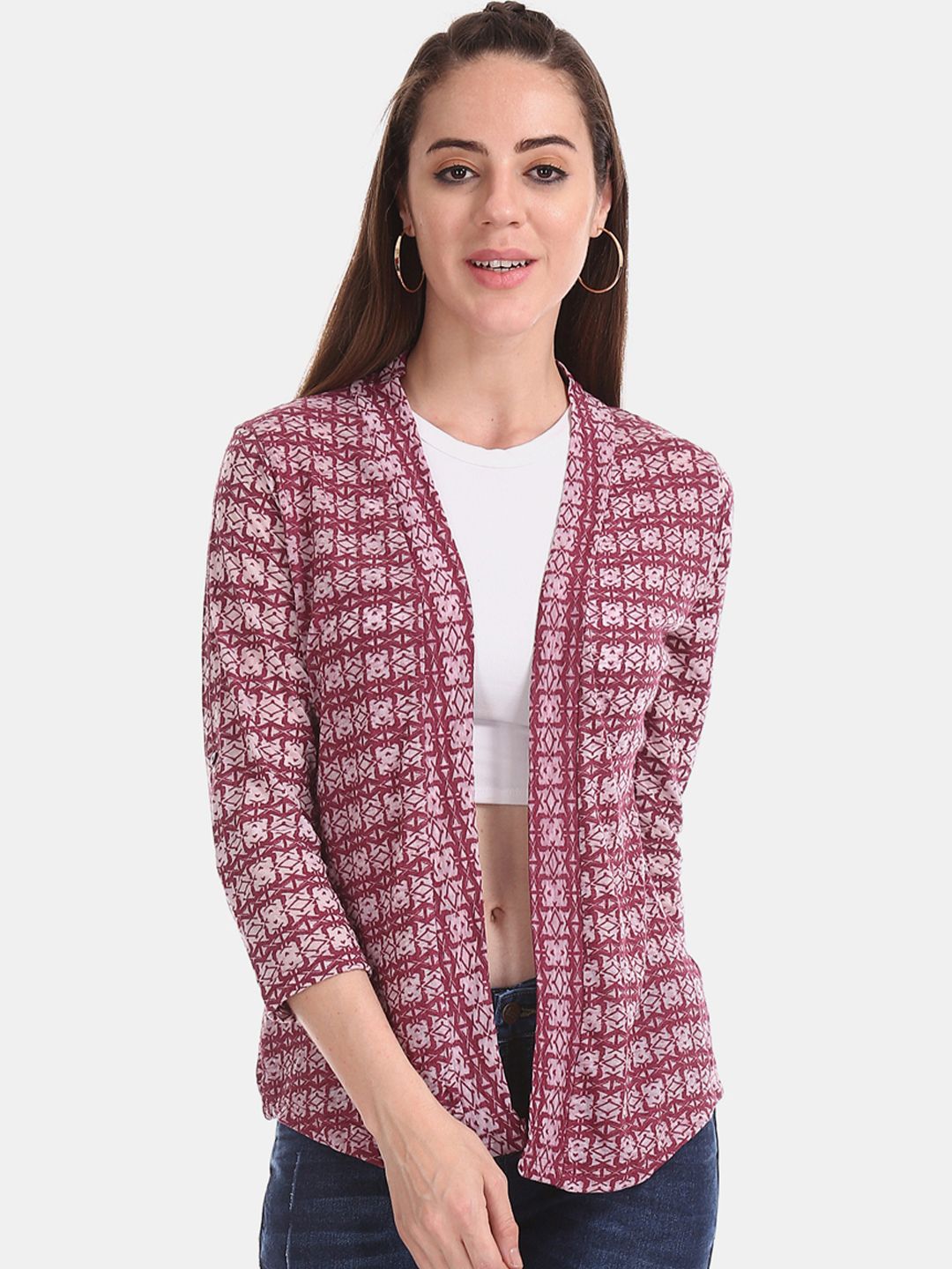 Cherokee Women Burgundy & Off-White Printed Knitted Open Front Shrug Price in India